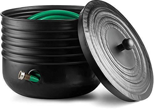 Ribbed Steel Garden Hose Pot Holder with Lid Black 16 x 12 Inches | Hose for Outside|Hose Pot Container (Magnetic Steel, Black)