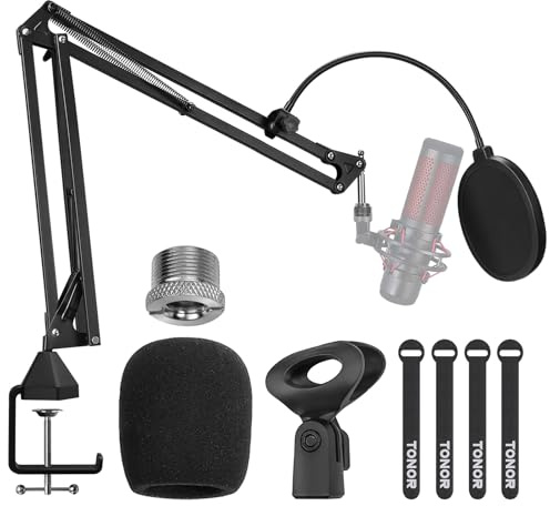 TONOR Microphone Arm Stand, Adjustable Suspension Boom Scissor Mic Stand with Pop Filter, 3/8 to 5/8 Adapter, Excellent Compatibility, Mic Clip, Upgraded Heavy Duty Clamp, 35 cm +35 cm, T20