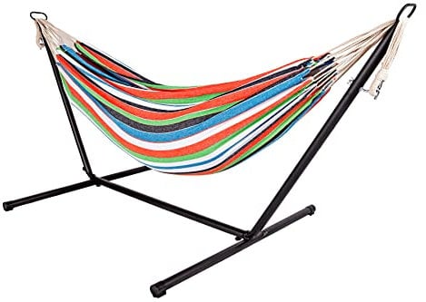Outdoor Doppel Hängematte mit Gestell - 285x120x110 cm - Stabhängemate für 2 Personen - bis 150 Kg belastbar (Vibrant Striped)