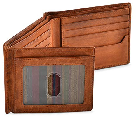 BULL GUARD Portefeuille à deux volets avec blocage RFID pour homme, en cuir pleine fleur marron avec 2 fenêtres d'identification de qualité supérieure et haute capacité, M, Portefeuille RFID
