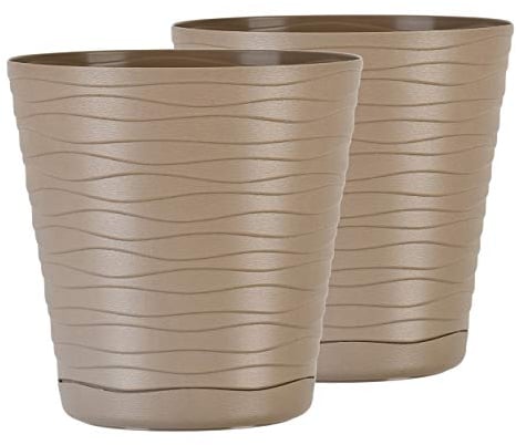 Tymar Blumentopf mit Untersetzer, 2er-Pack, runde Form, Pflanzgefäß, Pflanzkübel für Innen, Pflanztopf aus Kunststoff, Leichter, Doppelpack,mit 3D-Wellendesign (15 cm, Beige)