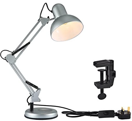 TEKLED® LED Desk Lamp | Adjustable Swing Arm | Replaceable E27 Edison Screw Bulb Holder | Flexible Table Clamp | for Bedside Reading Office Work Architects Students (Swing Arm Silver)