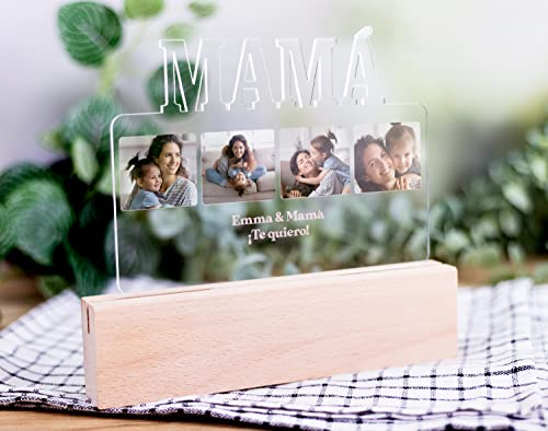 Placa de Metacrilato Transparente Personalizada “Mamá” 20x17cm con Fotos y Textos sobre Soporte de Peana Robusta con Base Ancha de Madera como Regalo Original para el Día del Madre