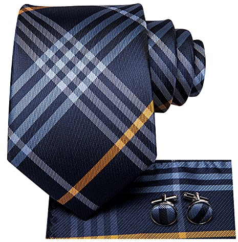 Hi-Tie Herren Krawatte Schwarz Paisley/Plaid/Streifen/Einfarbig Krawatten Set Einstecktuch Manschettenknöpfe Business Formal Hochzeit Meeting Geschenkbox,blau-weißes Paisley