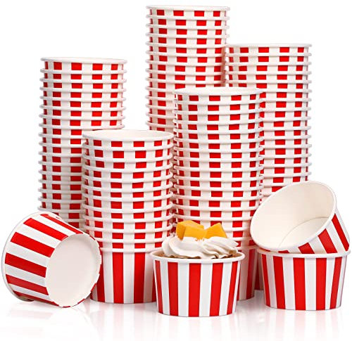 200 Stück Karnevals-Dekorationen, rot-weiß gestreift, 156 ml, Papier-Eisbecher, Einweg-Eisbecher, Joghurt-Dessertbecher für heiße Suppe, Snacks, Leckereien, Karneval, Mottoparty-Dekorationen