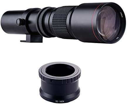 Andoer Super teleobiettivo da 500 mm 1:8.0-32 multi rivestito con zoom manuale + montaggio a T a NEX E-Mount anello adattatore kit di ricambio per fotocamere Sony A9 A7 A7R A7S A5000 A6000 A6500 NEX-7