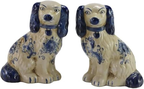 SYNWISH Coppia di piccole statuette a forma di cane in porcellana bianca e blu dipinta a mano
