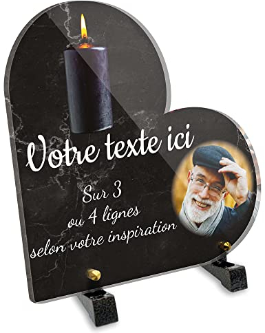 Grabschild Herz mit Foto personalisierbar aus Plexiglas, Motiv schwarze Kerze, verschiedene Größen, Dicke 6 mm, personalisierbar auf mehrere Linien, 20 x 20 cm