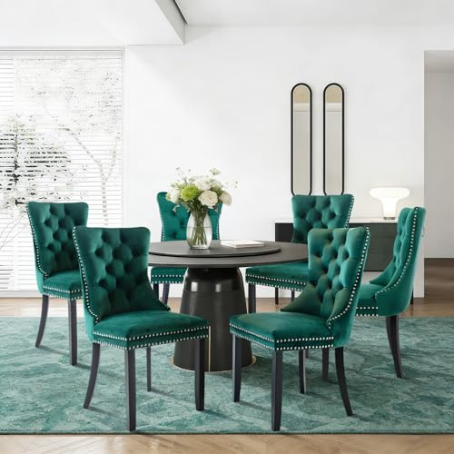 SoarFlash Esszimmerstühle mit gepolstertem Flügelrücken, grün, 6er Set | Weicher Samtbezug, Tufting, Nietenbesatz, Rückenring, Holzbeine. Ideal für Esszimmer, Wohnzimmer, Innendekoration.