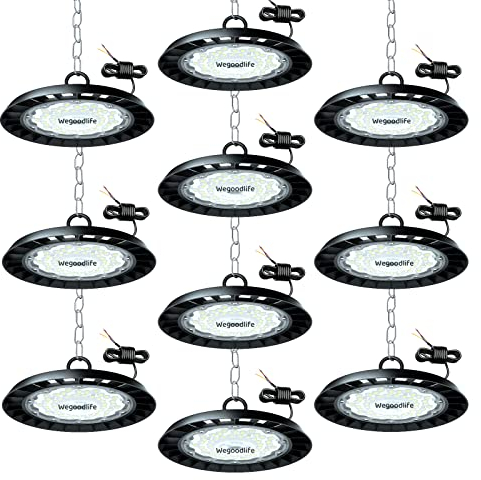 Wegoodlife 10er 150W UFO LED High Bay Light, 15000LM LED Hallenstrahler, 6500K Kaltweiß LED Werkstattlampe, IP65 Wasserdicht Industrielampe High Bay Licht für Fabriken Flughafen Patio Lagerhaus