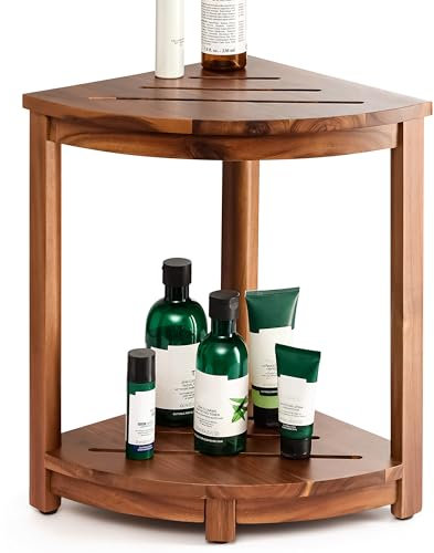 HOLANA Panca da doccia angolare in legno da 45,7 cm e sgabello da doccia angolare con ripiano portaoggetti, poggiapiedi per gambe da barba, gradino da bagno per piccoli spazi, perfetto per interni ed