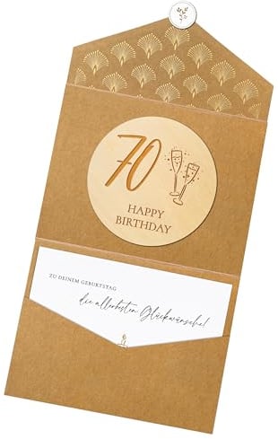 Joli Coon 70 Happy Birthday Holzscheibe mit Klappkuvert und Siegelaufkleber - Geburtstagskarte 70 - Geldgeschenk 70 Geburtstag