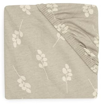 Jollein Spannbettlaken Jersey - Für das Kinderbett - Twig, Olive Green - 60x120cm - 100% Baumwolle - Spannbetttuch - Beige mit olivgrünen Zweigen