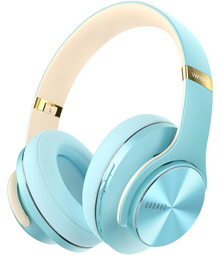 DOQAUS Bluetooth Kopfhörer Over Ear, Bis zu 90 Std Kopfhörer Kabellos mit 3 EQ-Modi, HiFi Stereo Faltbare Headset mit Mikrofon, weiche Ohrpolster für iPhone/ipad/Android/Laptops-Kristallblau