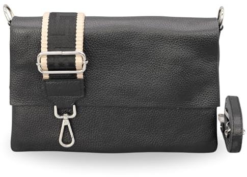 BRISE Umhängetasche Damen Echtes Leder ELISA Handgemachte Handtasche Kleine Schlanke Tasche 3 Fächer Crossbody Bag mit Ledergurt + Optionalen Breiten Gemusterten Riemen Made in Italy (Schwarz-4)