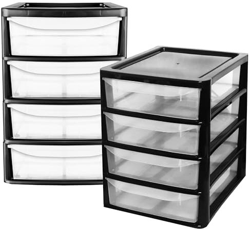 Small Black A4 Desktop Bedside Table Top Storage Unit Organiser With 4 Clear Drawers For Home Office & Schools