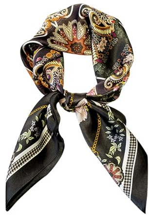 Aufeel Quadratischer Schal aus 100 % reiner Maulbeerseide, 68 x 68 cm, Damen-Halstuch, Kopftuch, schwarze Blume, Größe S