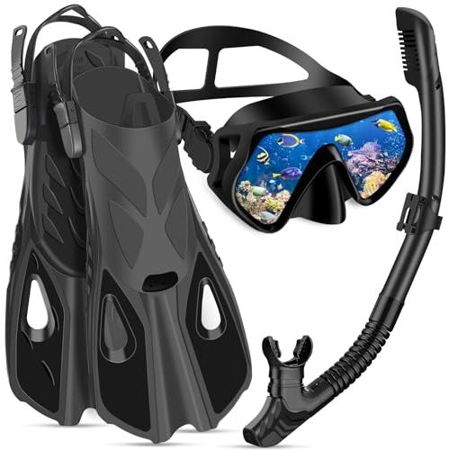 IEEILULU Schnorchelset Erwachsene mit Flossen, Schnorchelmaske Set mit Antibeschlag Taucherbrille,180° Panorama Glaslinse, Verstellbaren Flossen & Tragetasche für Schnorcheln Tauchen (Black-L/XL)