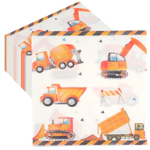 40 Stück Bagger Servietten, 33x33Cm Servietten Baustelle, Quadratisch Bagger Servietten, Bagger Bulldozer Radlader Partygeschirr, Einweg Servietten für Kindergeburtstag Jungen/Mädchen Geburtstag