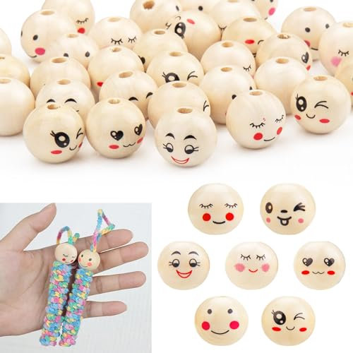 zrfgbxim 140pcs Lächeln Gesicht Holzperlen mit Gesicht 20mm, 7Stile Natur Runde Holzperlen zum Auffädeln, Holzkugeln Holzköpfe mit Gesicht für DIY Schmuck Makramee Sorgenwürmchen (Lächeln Gesicht 140)