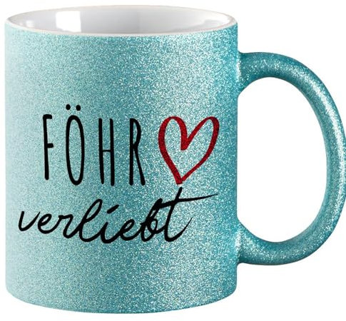 Huuraa Glitzertasse Föhr verliebt Geschenk 330ml Blau Föhr Präsent