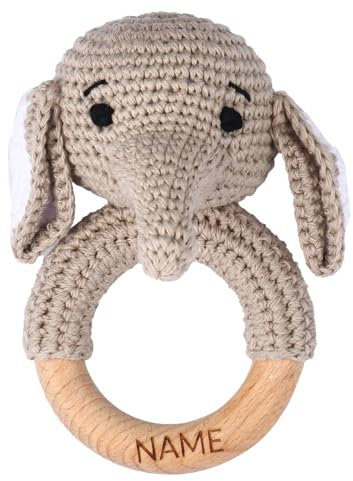 NGTSFLY Personalisierte Geschenke Baby - Personalisierter Beißring Baby aus Holz - Greifling Personalisiert Babyrassel mit Name, Geschenk zur Geburt Junge und Mädchen (Elefant)