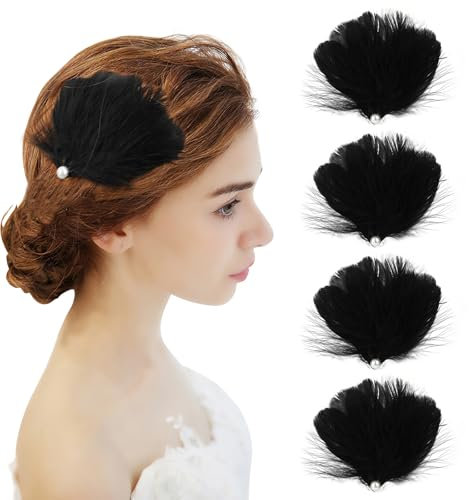 MWOOT 4 Stück Schwarz Feder Haarspangen, Schwarz Schwan Feder Kopfschmuck Ballett Haar Accessoires für Frauen Mädchen, Weiße Perle Haarteil für Karneval Kostüm, Braut Hochzeit Cosplay Party