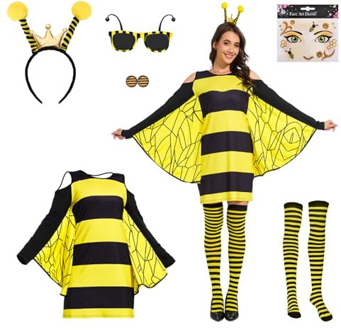 RISINGOR Bienen Kostüme für Erwachsene, Hummel BienenKostüm Damen mit Haarband Sonnenbrille Aufkleber Ohrstecker Socken Gelbes Honigbienenkleid Bienen Faschingskostüme für Karneval Cosplay Party (XXL)