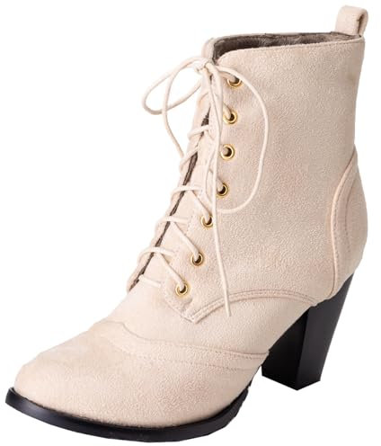 Onewus Stivali da donna con tacco a blocco, lacci, Beige opaco, 48 EU