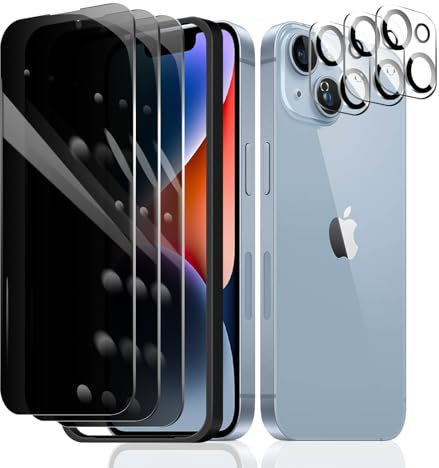 Fylnatc 3 Stück Sichtschutz Schutzfolie für iPhone 14 [6,1 Zoll]+ 3 Stück Kameraschutz mit einfachem Befestigungswerkzeug, Anti-Spy Panzer Schutz Glas, Anti-Spionage Panzerfolie, gehärtetem Glas