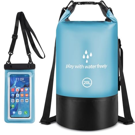 GES Wasserdichter Trockensack, 20 l Roll-Top-Kompressionssack hält Ausrüstung trocken mit Handytasche für Kajakfahren, Boot, Ausflug, Kanu, Rafting, Schwimmen, Camping und Angeln (Hellblau)