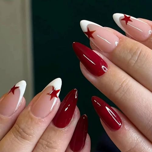 Press On Nails Almond, 24Pcs Wine Red Stick on Nails, Nude French False Nails Star, Fake Nail Acrylic Full Coverage Glossy False Nails with Glue for Women Girls Nail Art (Red Nude French)