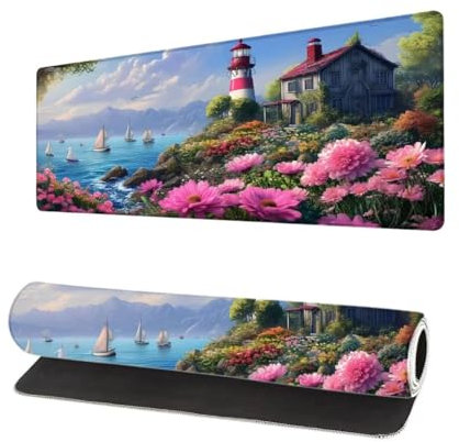 Gaming Mauspad Blume XXL 1000x500x3mm, Leuchtturm Mousepad groß Schreibtischunterlage, Mouse Pad mit Vernähte Kanten, WassXerdicht Anti-Rutsch Mousepad, Verbessert Präzision und Geschwindigkei T-8