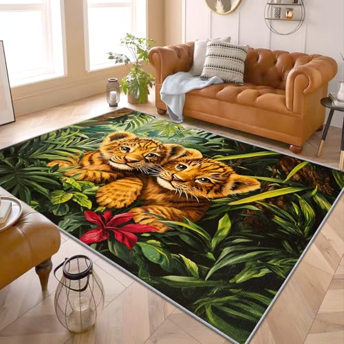PaxGloz Tiger Teppich Kinderzimmer - Teppiche Wohnzimmer Schlafzimmer Dschungel Tiere, Großer Teppich Tropische Pflanzen, Weich Kurzflor & Waschbar & rutschfest Kinderteppich, 100x200 cm