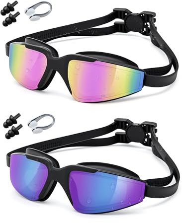 Swimming Goggles, 2-Pack Anti-Fog & UV Protection, 3D Leak-Proof Design with Mirrored Lens, Adjustable Strap for Adults & 10+ Kids, Includes Nose Clips & Earplugs - Perfect for Pool, Beach, Surfing