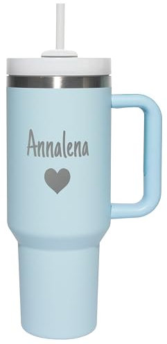 Thermobecher personalisiert „Wunschname“ mit Gravur & wählbarem Symbol - Trinkbecher mit Deckel und Strohhalm 1,2 l / 40 oz - Geschenk Geburtstag Weihnachten - Farbe Baby Blue
