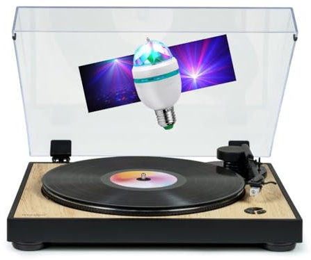 Tourne Disque Platine Vinyle Thomson TT300 - Bois/Noir - 33/45 Tours, Lecture/Retour du Bras Auto. Ampoule DIAMS Couleurs LED