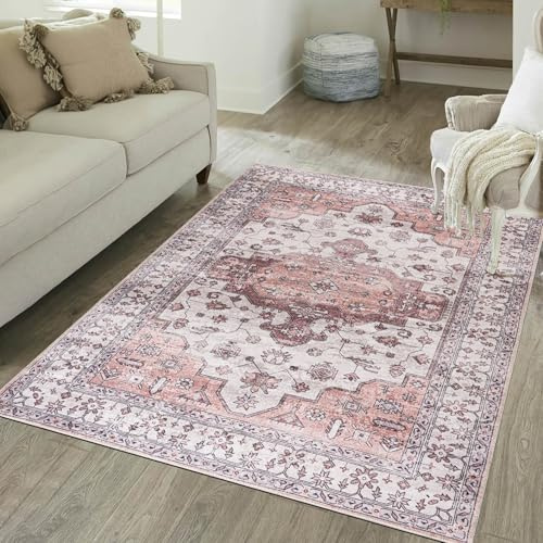 Mazovia Teppich Beige Boho Vintage - Wohnzimmer, Schlafzimmer, Esszimmer, Büro - Maschinenwaschbar - Kurzflor Rechteckig mit Oeko-TEX®, Rahmen Pflanzlich - Rosa - 140x200 cm