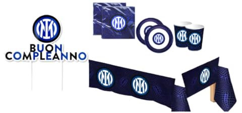 Kit Compleanno Inter per 16 Persone - Set Festa con Piatti, Bicchieri, Tovaglioli, Tovaglia e Decorazione Torta - Addobbi Tema Inter per Bambini e Tifosi