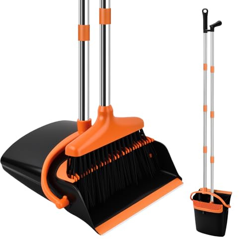 Samlonge Besen und Kehrschaufel Set mit 137cm Langem Griff, Abnehmbares Besen und Schaufel Aufrecht Kehrmaschine und Kehrschaufel Combo für Zuhause Küche Hausreinigung (Schwarz-Orange)