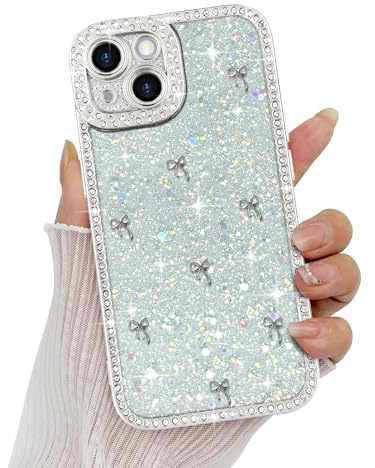 Wirvyuer for iPhone 14 Bow Case, Cute 3D Bowknot with Luxury Sparkly Crystal Diamonds Aesthetic Design Phone Case, Clear Shockproof Protective Silicone Phone Case for Women Girls, Silver