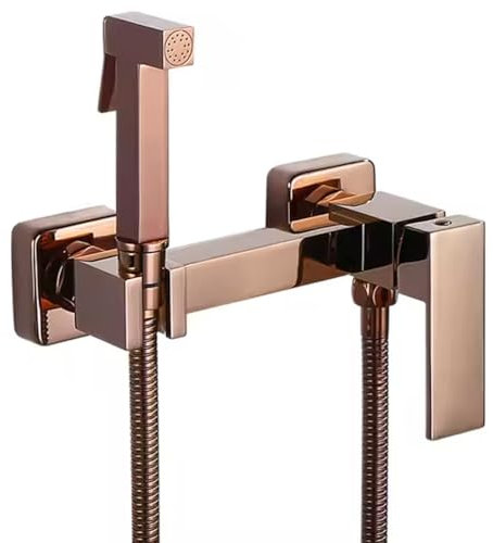 WPHH Set Doccetta Bidet in Oro Rosa, Spruzzatore per Bidet A Mano in Ottone per WC, Set Doccia Bidet Quadrati da Bagno, Rubinetto per Bidet A Parete con Valvola Caldo/Freddo,Set a