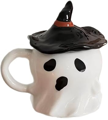 eBoutik - Halloween Ceramic Coffee Mug with Lid - Autumn Spooky Pumpkin or Ghost Design for Coffee, Tea or Soup - Cosy Warm Cup Bowl with Top Lid (Ghost)