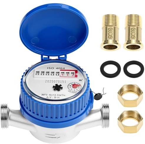 QWORK® Wasserzähler Garten, Kalt Wasseruhr 1/2 Zoll mit Schutzabdeckung und Messingverbinder, für Haus