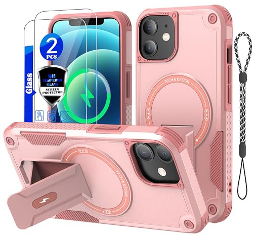 for iPhone 12 Case/iPhone 12 Pro case[Compatible with MagSafe][with 2*9H Tempered Glass Screen Protector], Built in Invisible Stand, Not fading，Shockproof Protective Phone Cover 6.1-inch(Pink)