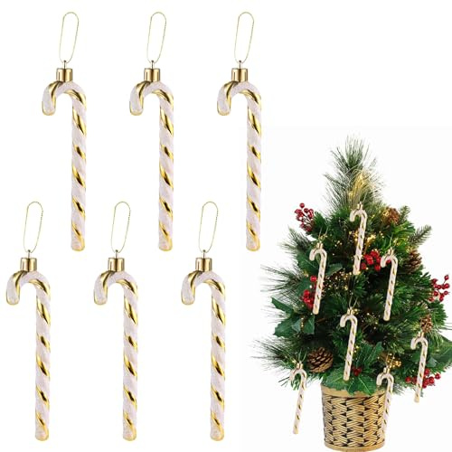 6 Stück Plastik Zuckerstangen, Weihnachtsbaum Anhänger, Christbaumanhänger Zuckerstange, Kunststoff Weihnachten Zuckerstangen für Weihnachten Xmas Indoor Outdoor Dekor Christbaumschmuck (Gold)