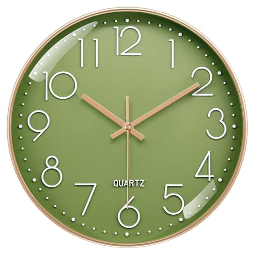 VIKMARI 12 Inch Olive Green Modern Wall Clock Kitchen Living Room | Silent Sweep Quartz Movement, Easy to Read 3D Large Arabic Numerals, Tempered Glass for Office Bathroom