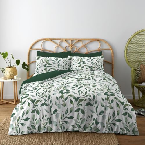 Lions Double Bed Bedding Sets - 100% Polyester Reversible Printed Pattern Quilt Duvet Cover with Pillowcase, Soft Floral Leaf Pattern, Bed Linen, Green