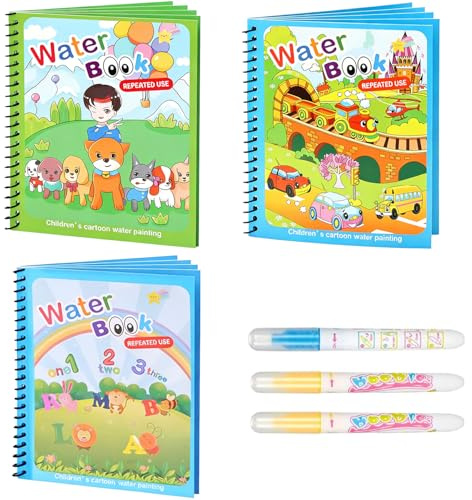 LEMONSTONE Wassermalbuch 3 Stück, Magic Malbuch mit Wasserstift, Water Wow Malbuch, Wiederverwendbares Magisches Malbücher Book, Magic Water Book Für Kinder Geschenke (Welpe+ Zahl + Transportmittel)
