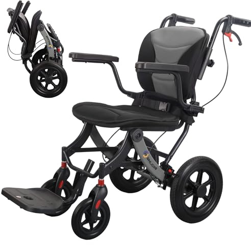 WHLICKS Rollstuhl Faltbar Leicht Transportrollstuhl Verstellbar | faltbarer Aluminium-Rollstuhl, 12-Zoll-Räder, abnehmbare Kissen, 360° drehbare Räder, bis 120 kg Traglast,Ergonomisch